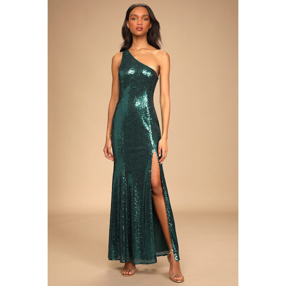 NWT Lulus Capture The Glam Emerald Sequin One Shoulder Mermaid Maxi Dress Green